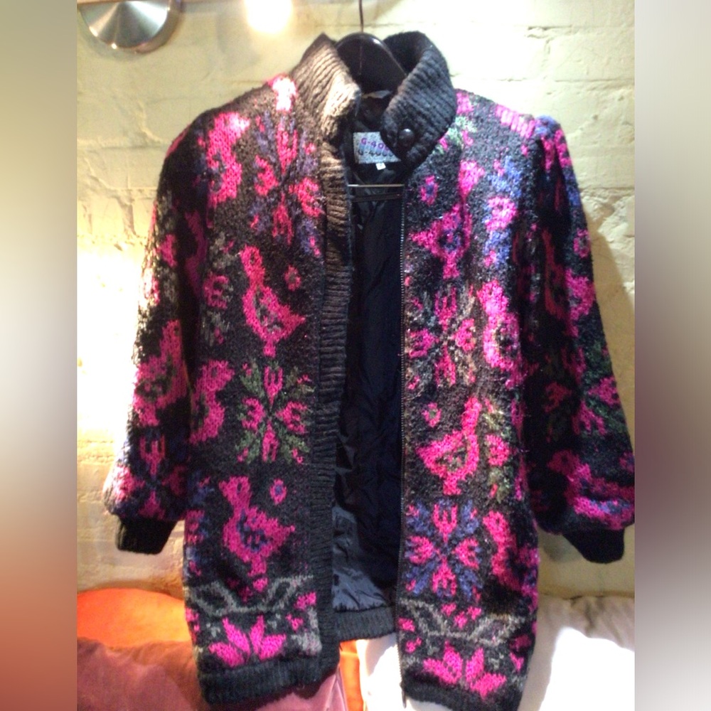 Vintage Boho Birds Floral Knit Women's Jacket - Black and Pink
